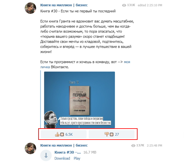 Пример реакций на пост в Telegram